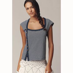 Maeve Anthropologie Short-Sleeve Side-Button Blouse Top Striped Printed M 284161
